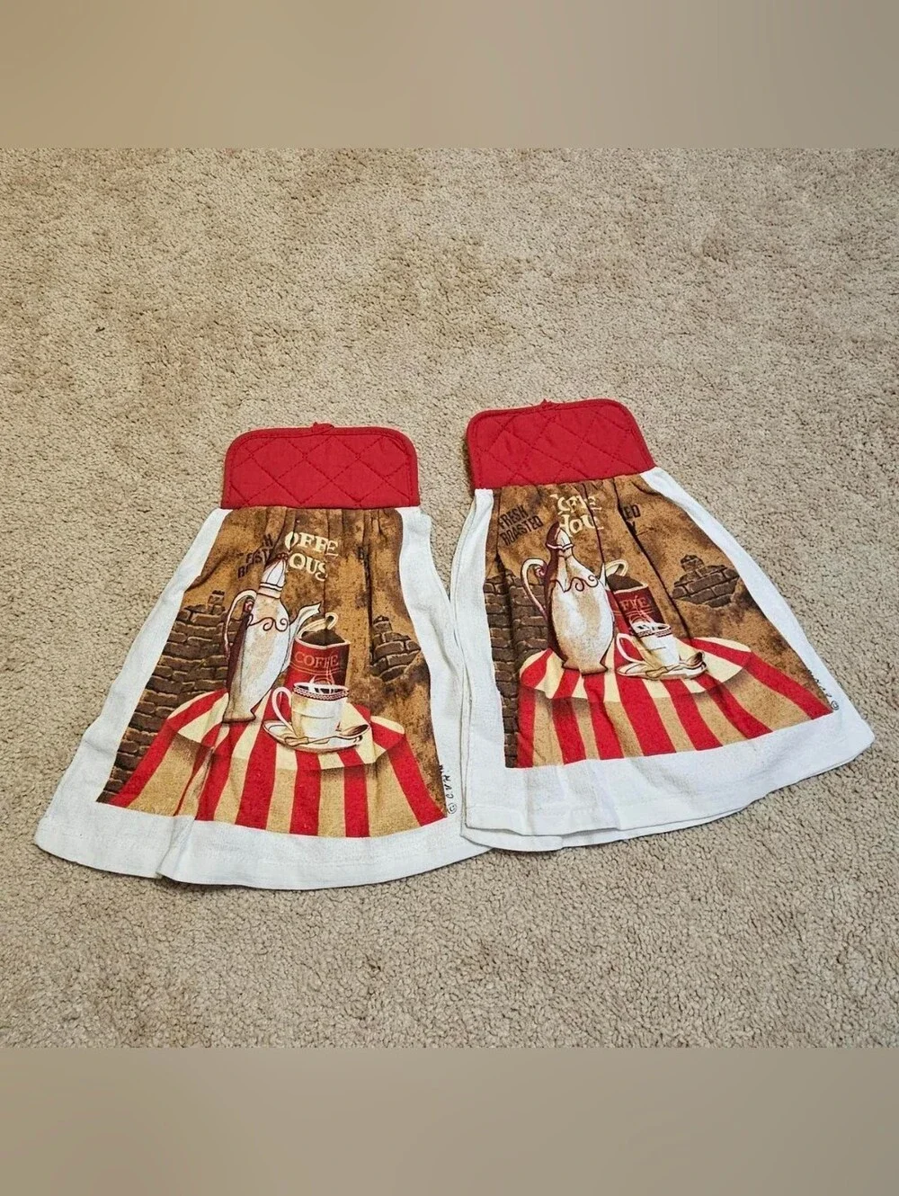 2 Handcrafted Towels Attached To Potholders | Red, White, Brown | Coffee - Picture 2 of 4